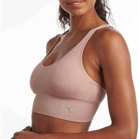 Puma Low Support Ribbed Seamless Bra, Bark/Blush Pink, Size Medium - Picture 1 of 14